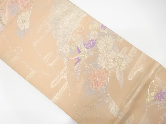 JAPANESE KIMONO / ANTIQUE FUKURO OBI / SILK / WOVEN CRANE & KIKU